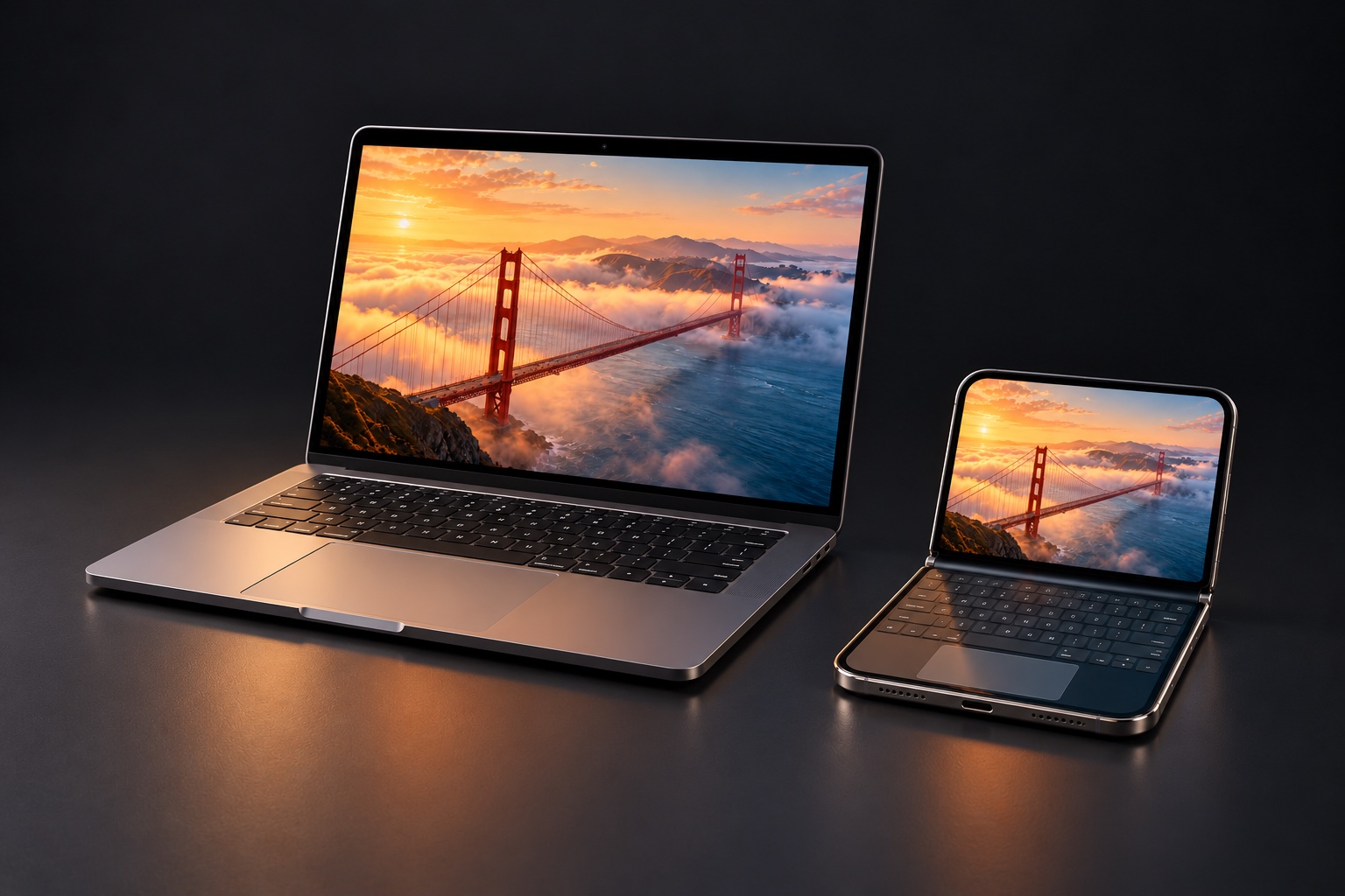 A full-size MacBook beside an iPhone Duo folded like a tiny laptop. Both display the same Mac desktop; the Duo’s lower touchscreen shows a miniature Mac keyboard and trackpad.